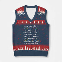 Deck the Halls with Guns and Ammo V-Neck Knit Sweater Vest Funny Pew Pew Xmas Meme for Second Amendment Fans - Wonder Print Shop