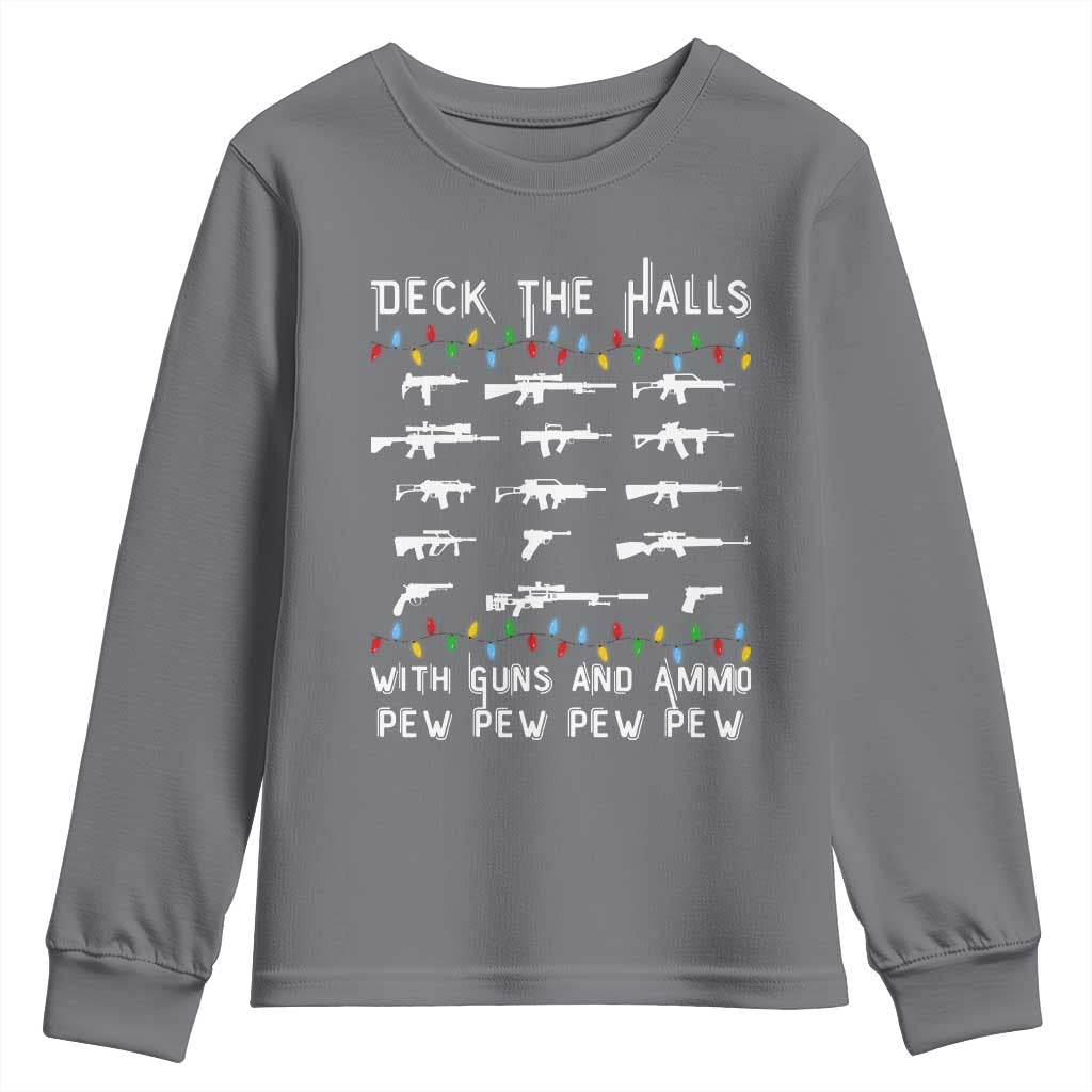 Deck the Halls with Guns and Ammo Youth Sweatshirt Funny Pew Pew Christmas Meme for Second Amendment Fans - Wonder Print Shop