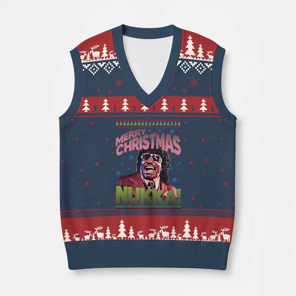 Funny Retro Merry Xmas Nukka Parody V-Neck Knit Sweater Vest Xmas Throwback Parody Urban Comedy - Wonder Print Shop