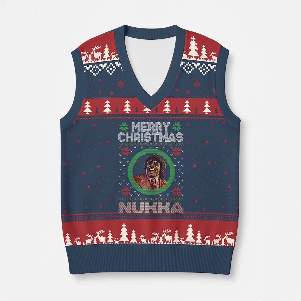 Funny Retro Merry Xmas Nukka Parody V-Neck Knit Sweater Vest Holiday Cheer 90s Xmas Throwback Parody - Wonder Print Shop