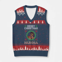 Funny Retro Merry Xmas Nukka Parody V-Neck Knit Sweater Vest Holiday Cheer 90s Xmas Throwback Parody - Wonder Print Shop