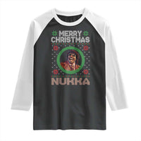 Funny Retro Merry Christmas Nukka Parody Raglan Shirt Holiday Cheer 90s Xmas Throwback Parody - Wonder Print Shop