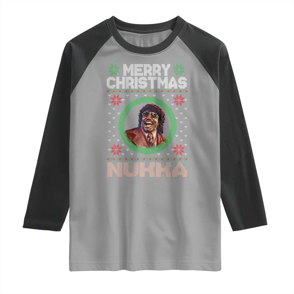 Funny Retro Merry Christmas Nukka Parody Raglan Shirt Holiday Cheer 90s Xmas Throwback Parody - Wonder Print Shop
