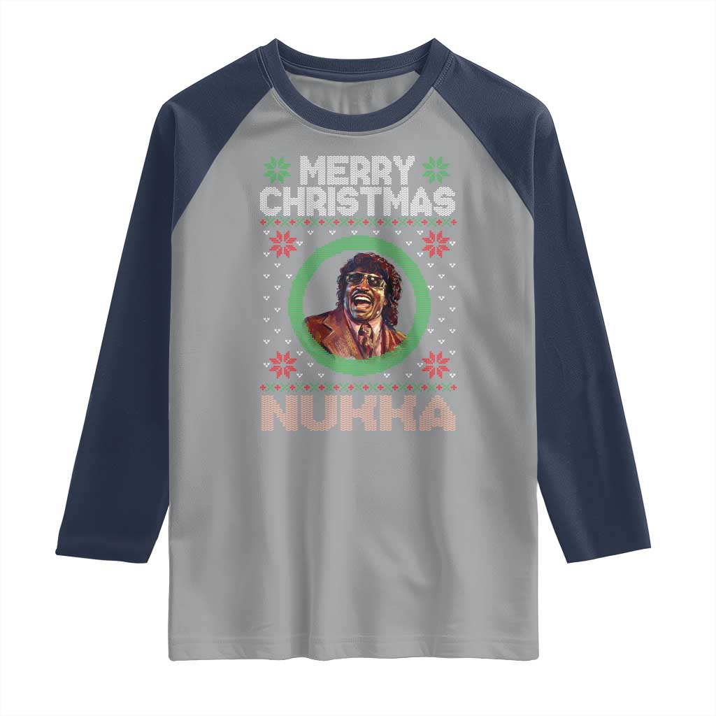 Funny Retro Merry Christmas Nukka Parody Raglan Shirt Holiday Cheer 90s Xmas Throwback Parody - Wonder Print Shop
