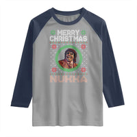 Funny Retro Merry Christmas Nukka Parody Raglan Shirt Holiday Cheer 90s Xmas Throwback Parody - Wonder Print Shop