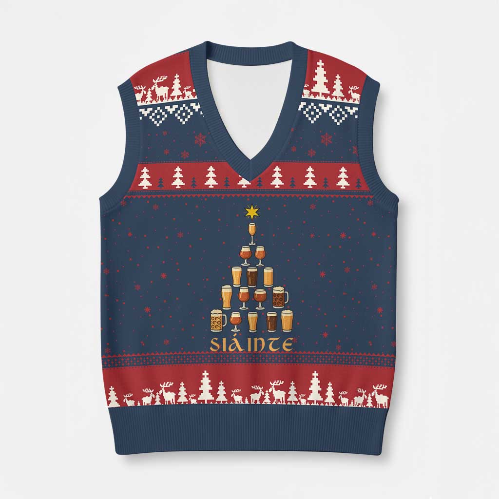 Sláinte Xmas Tree Pint Glass V-Neck Knit Sweater Vest Ale Glass Beer Drinking Lover Holiday Party - Wonder Print Shop