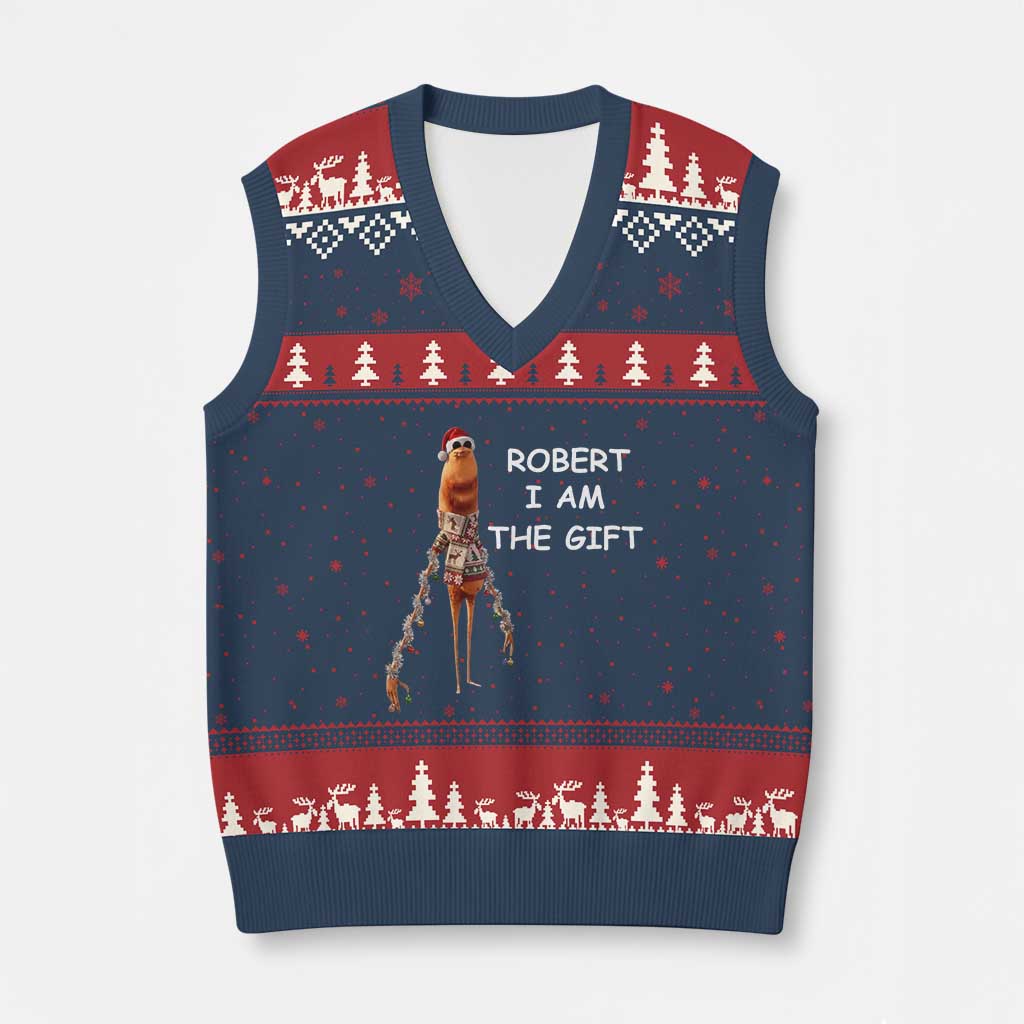 Funny Marcus the Worm in Ugly Xmas Sweater V-Neck Knit Sweater Vest Robert I Am the Gift Meme Holiday Humor - Wonder Print Shop