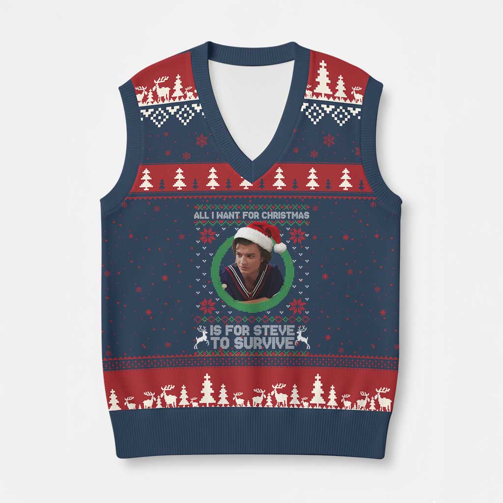 Funny Stranger Xmas Survival Wishes V-Neck Knit Sweater Vest All I Want for Christmas is Steve to Survive Fan Gift - Wonder Print Shop