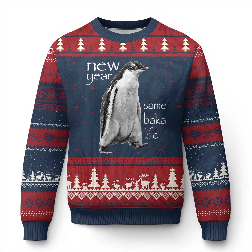 Funny New Year Same Baka Life Sarcastic Penguin Ugly Christmas Sweater Otaku Humor Core Cringe Meme - Wonder Print Shop