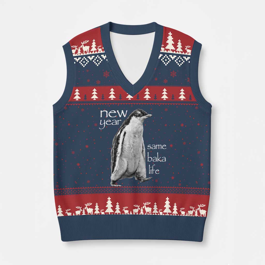 Funny New Year Same Baka Life Sarcastic Penguin V-Neck Knit Sweater Vest Otaku Humor Core Cringe Meme - Wonder Print Shop
