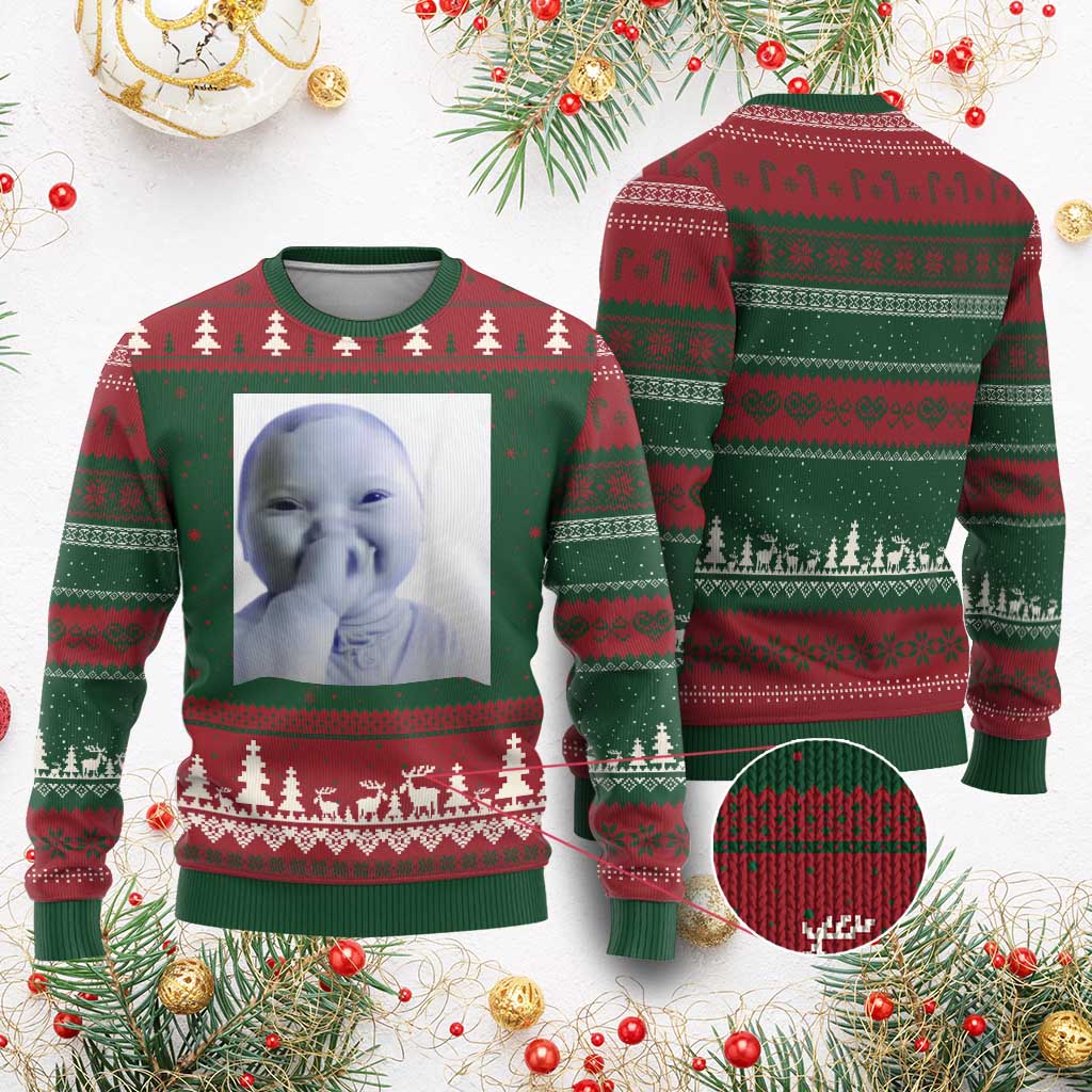 Funny Tuff Baby Giggling Meme Ugly Christmas Sweater Viral AI Niche Baby Holding Laugh Photo - Wonder Print Shop