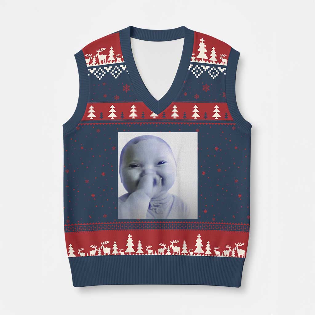Funny Tuff Baby Giggling Meme V-Neck Knit Sweater Vest Viral AI Niche Baby Holding Laugh Photo - Wonder Print Shop