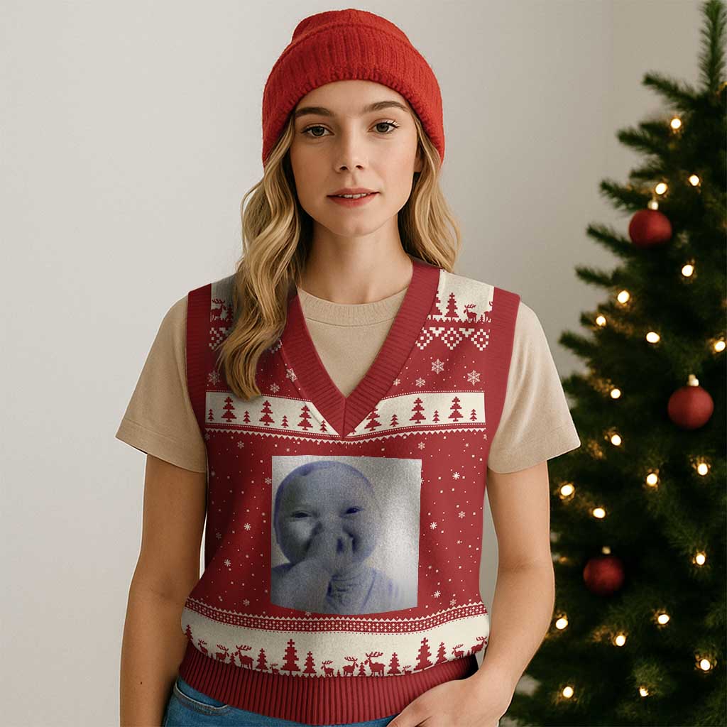 Funny Tuff Baby Giggling Meme V-Neck Knit Sweater Vest Viral AI Niche Baby Holding Laugh Photo - Wonder Print Shop