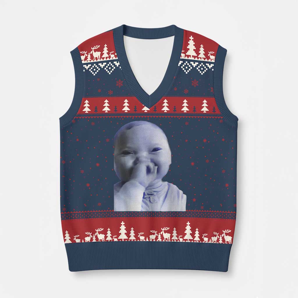 Funny Tuff Baby Giggling Meme V-Neck Knit Sweater Vest Viral AI Niche Baby Holding Laugh Face - Wonder Print Shop