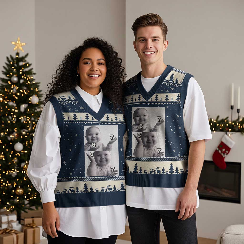 Funny Tuff Baby 67 Meme V-Neck Knit Sweater Vest Viral AI Niche Baby Six Seven Hand Gesture - Wonder Print Shop