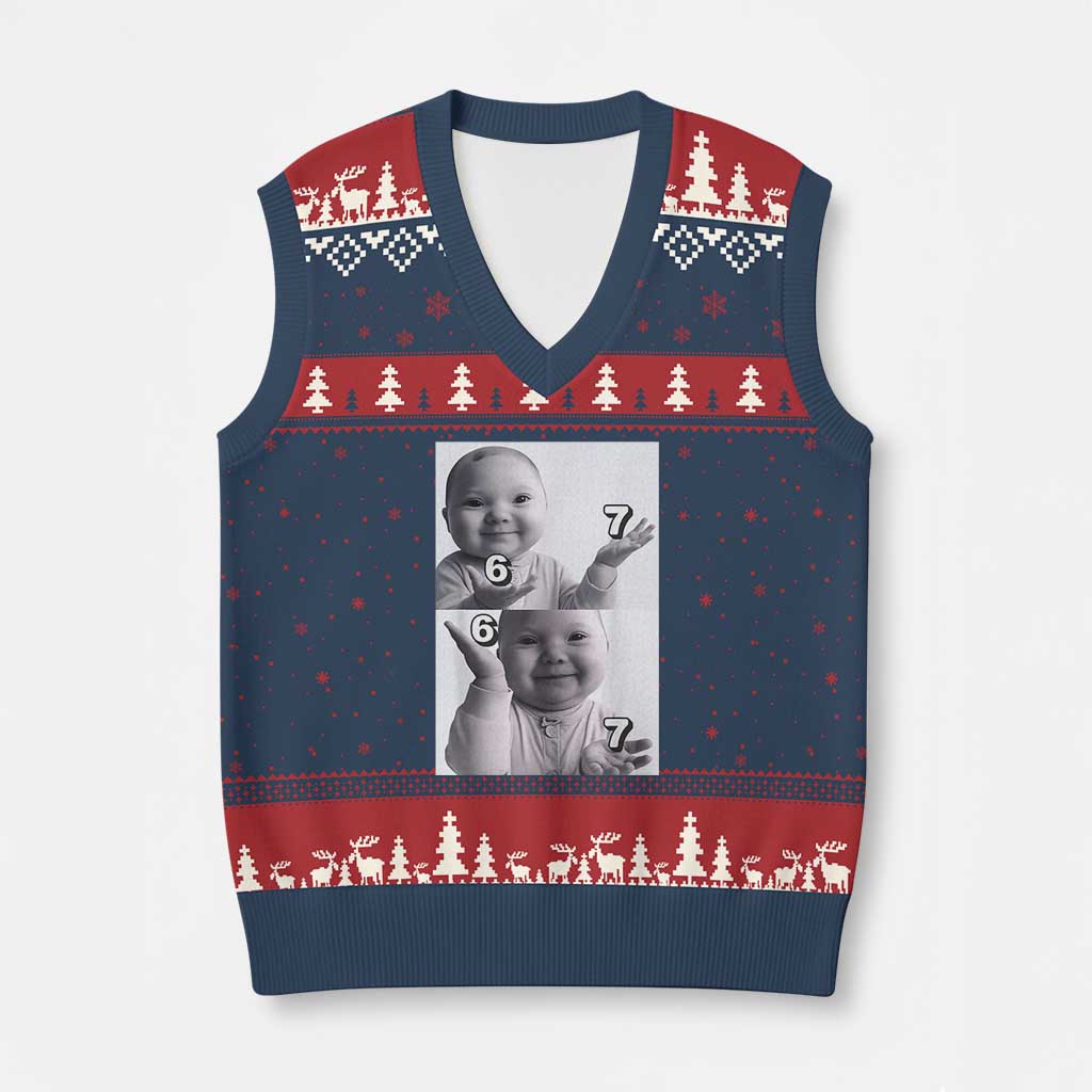 Funny Tuff Baby 67 Meme V-Neck Knit Sweater Vest Viral AI Niche Baby Six Seven Hand Gesture - Wonder Print Shop