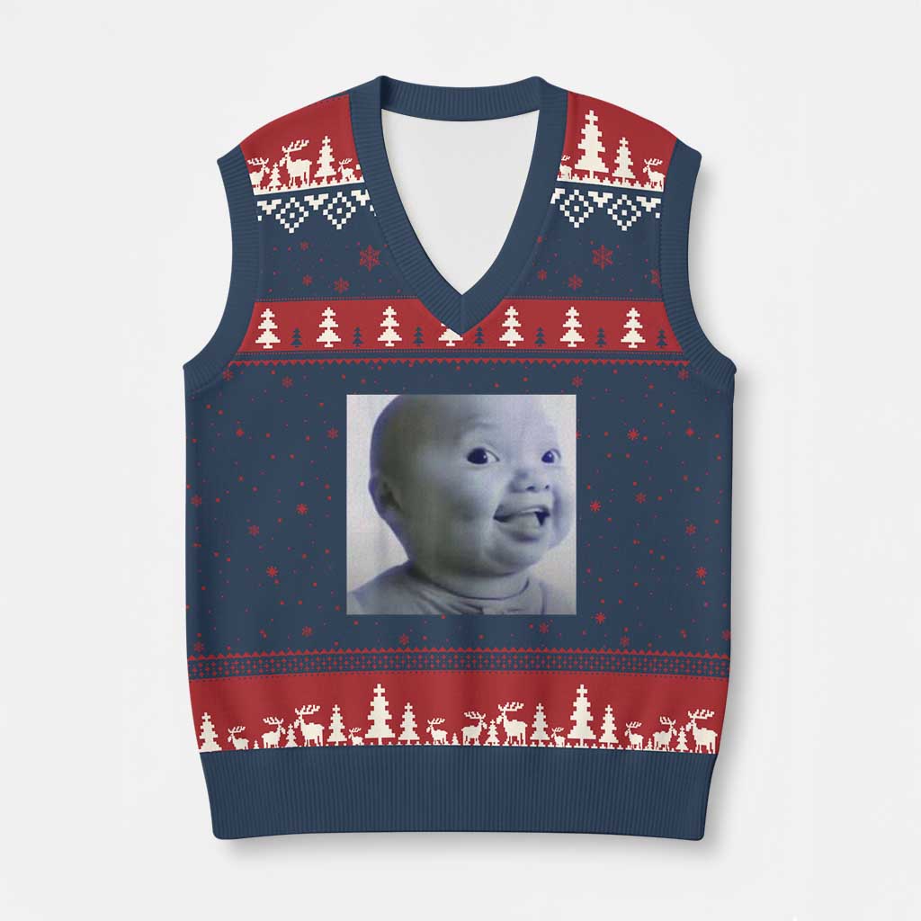 Funny Tuff Baby Side Eye Meme V-Neck Knit Sweater Vest Viral AI Niche Baby Face Reaction - Wonder Print Shop