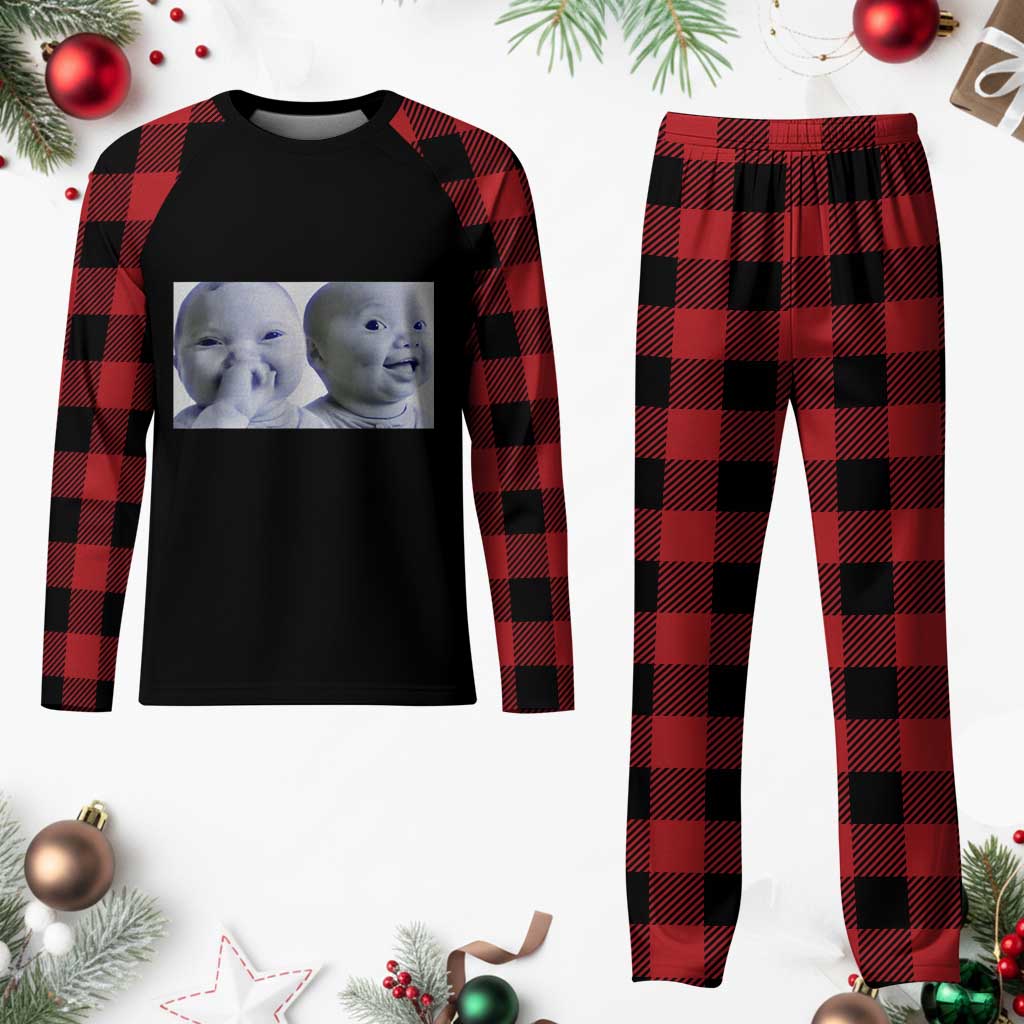 Funny Double Trouble Tuff Baby Meme Plaid Pajama Set Viral AI Niche Baby Holding Laugh Duo Reaction - Wonder Print Shop
