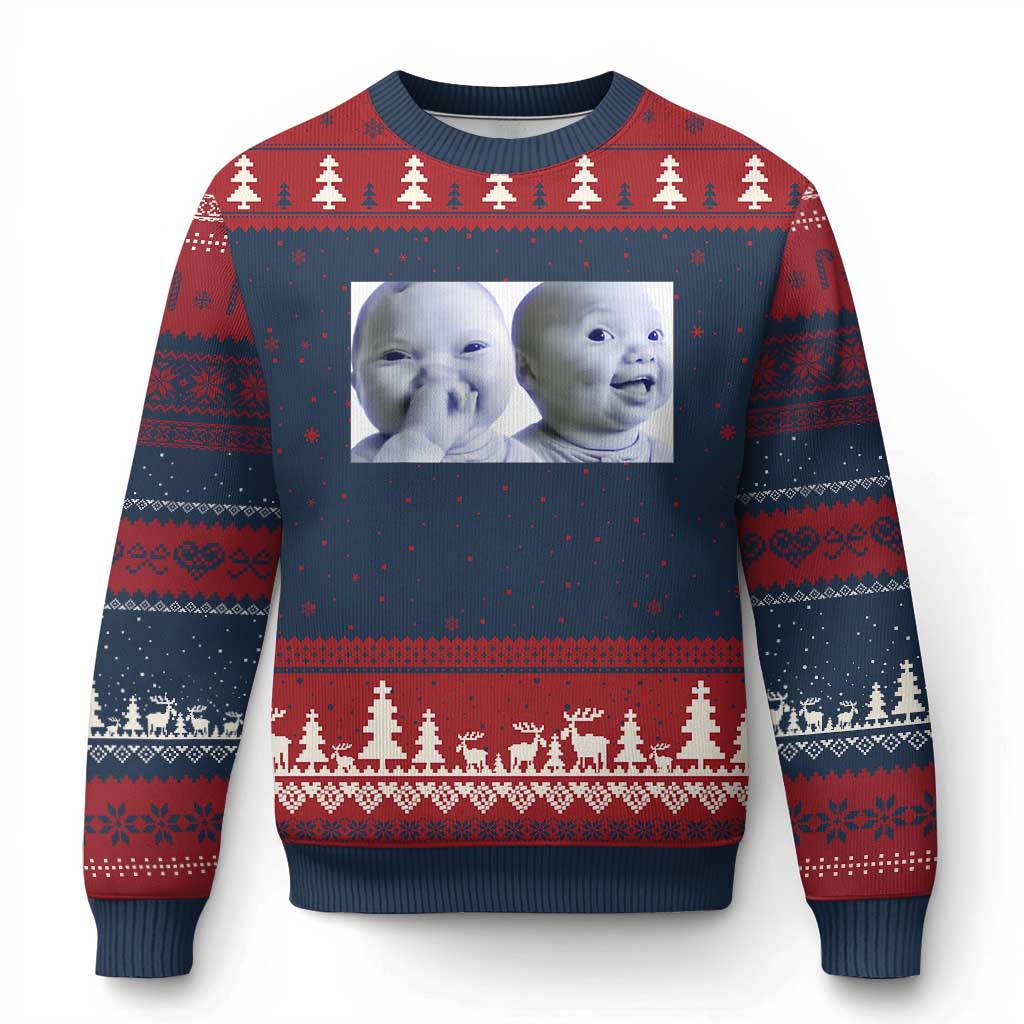Funny Double Trouble Tuff Baby Meme Ugly Christmas Sweater Viral AI Niche Baby Holding Laugh Duo Reaction - Wonder Print Shop