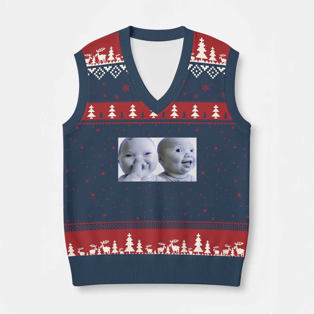 Funny Double Trouble Tuff Baby Meme V-Neck Knit Sweater Vest Viral AI Niche Baby Holding Laugh Duo Reaction - Wonder Print Shop