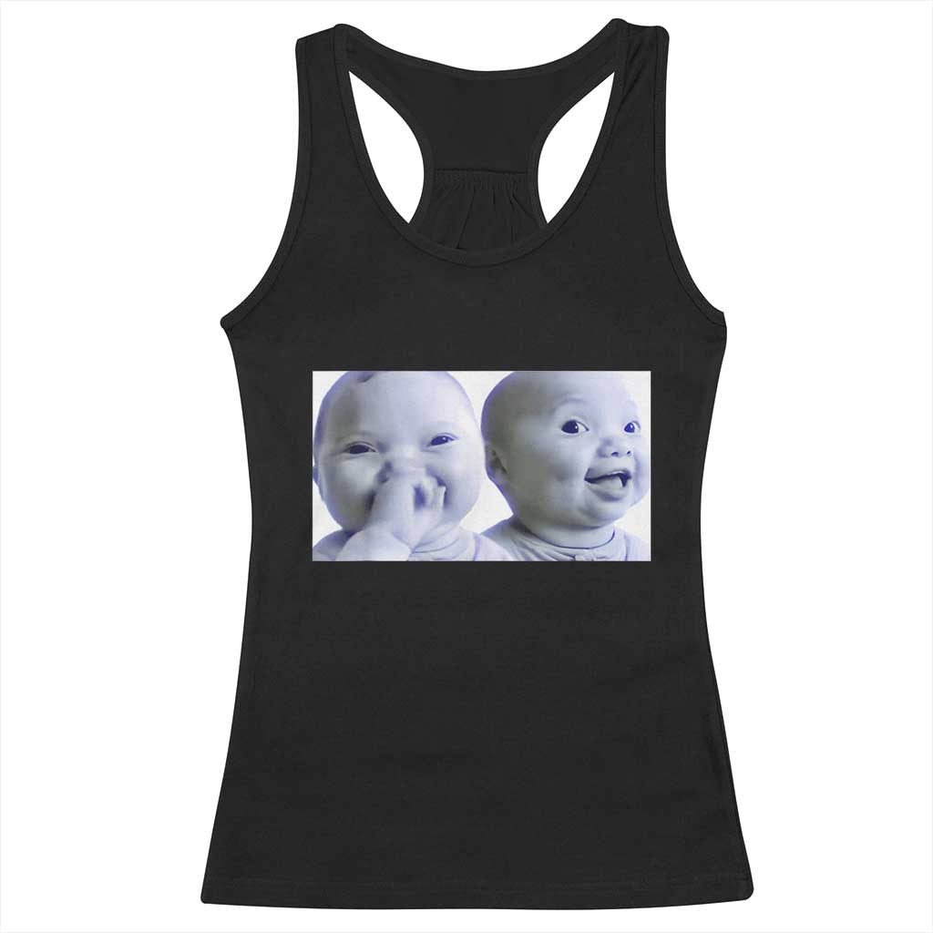 Funny Double Trouble Tuff Baby Meme Racerback Tank Top Viral AI Niche Baby Holding Laugh Duo Reaction - Wonder Print Shop