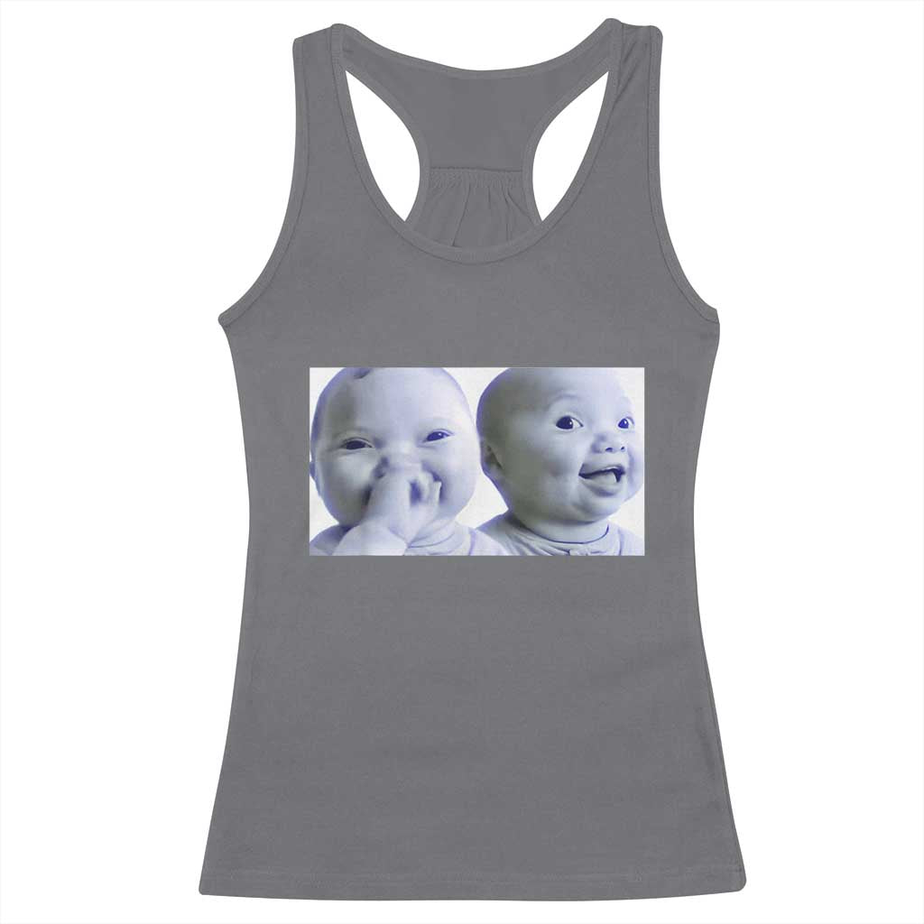 Funny Double Trouble Tuff Baby Meme Racerback Tank Top Viral AI Niche Baby Holding Laugh Duo Reaction - Wonder Print Shop