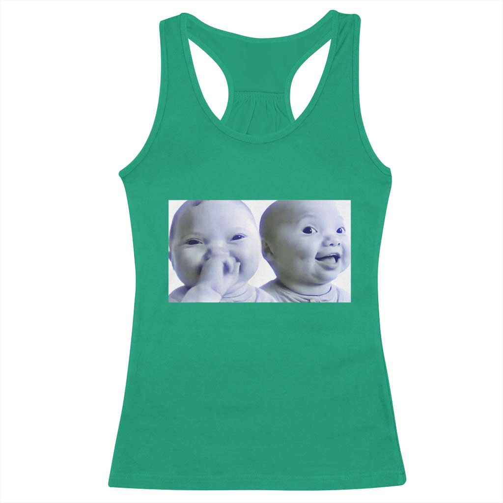 Funny Double Trouble Tuff Baby Meme Racerback Tank Top Viral AI Niche Baby Holding Laugh Duo Reaction - Wonder Print Shop