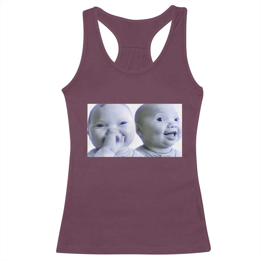 Funny Double Trouble Tuff Baby Meme Racerback Tank Top Viral AI Niche Baby Holding Laugh Duo Reaction - Wonder Print Shop