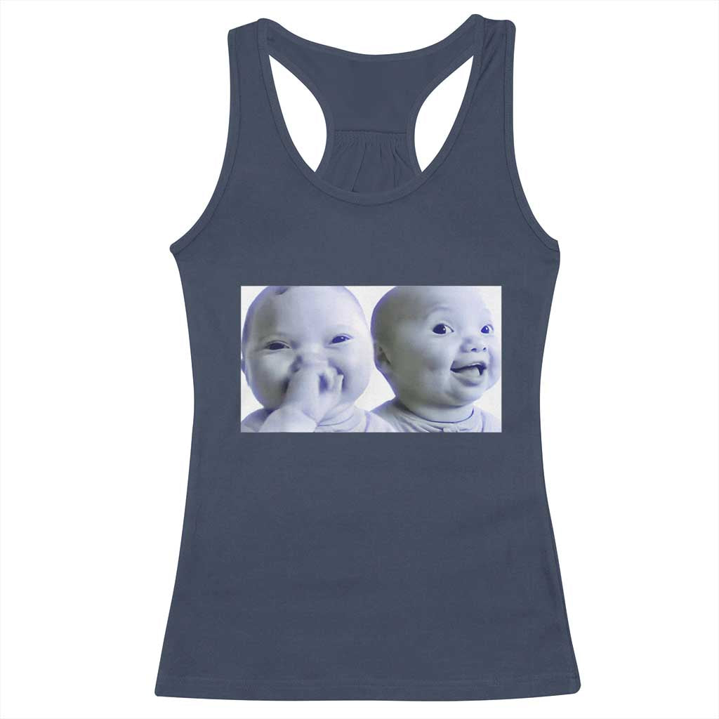 Funny Double Trouble Tuff Baby Meme Racerback Tank Top Viral AI Niche Baby Holding Laugh Duo Reaction - Wonder Print Shop