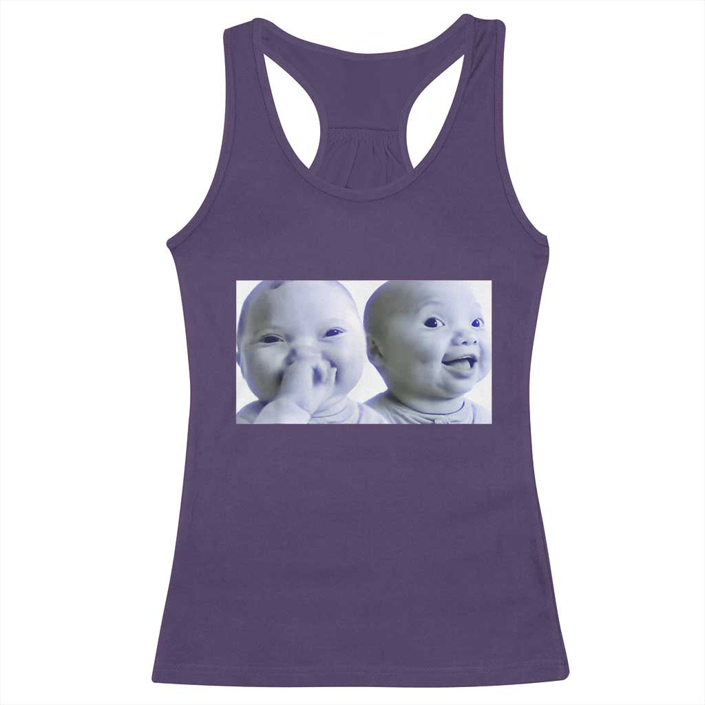 Funny Double Trouble Tuff Baby Meme Racerback Tank Top Viral AI Niche Baby Holding Laugh Duo Reaction - Wonder Print Shop