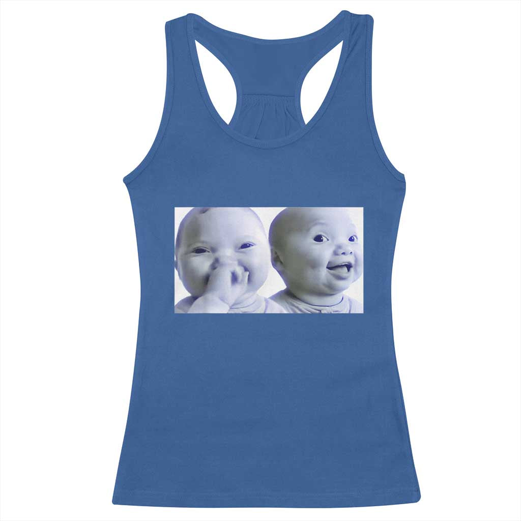 Funny Double Trouble Tuff Baby Meme Racerback Tank Top Viral AI Niche Baby Holding Laugh Duo Reaction - Wonder Print Shop