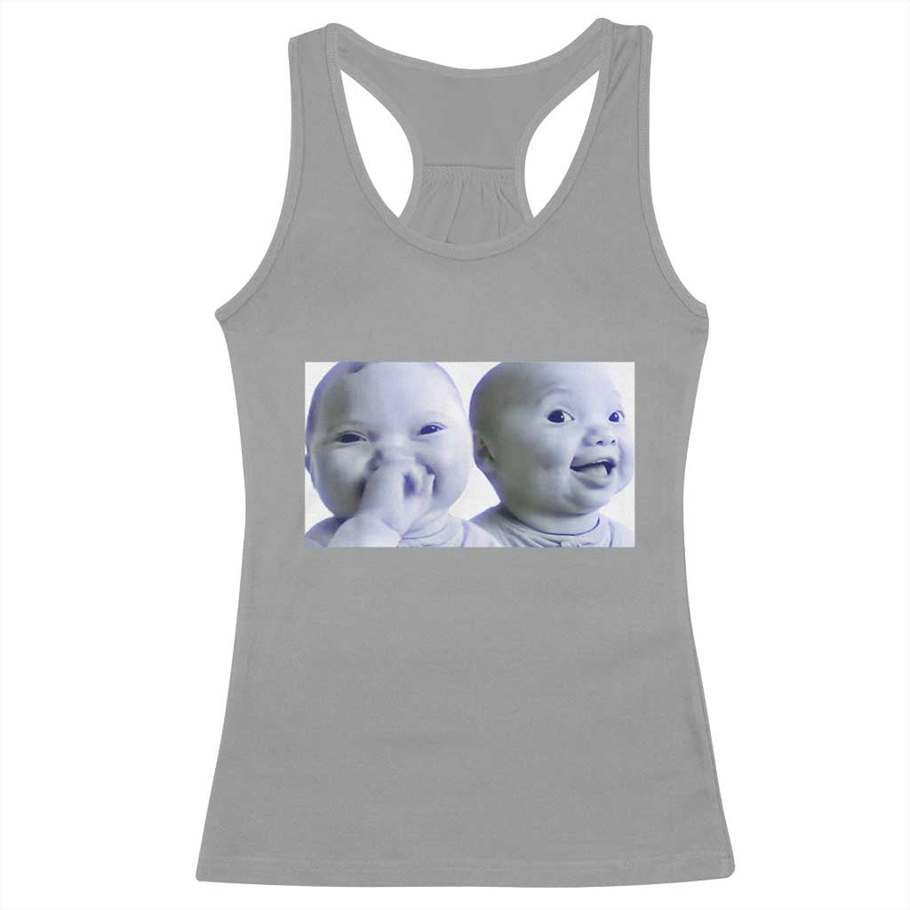 Funny Double Trouble Tuff Baby Meme Racerback Tank Top Viral AI Niche Baby Holding Laugh Duo Reaction - Wonder Print Shop