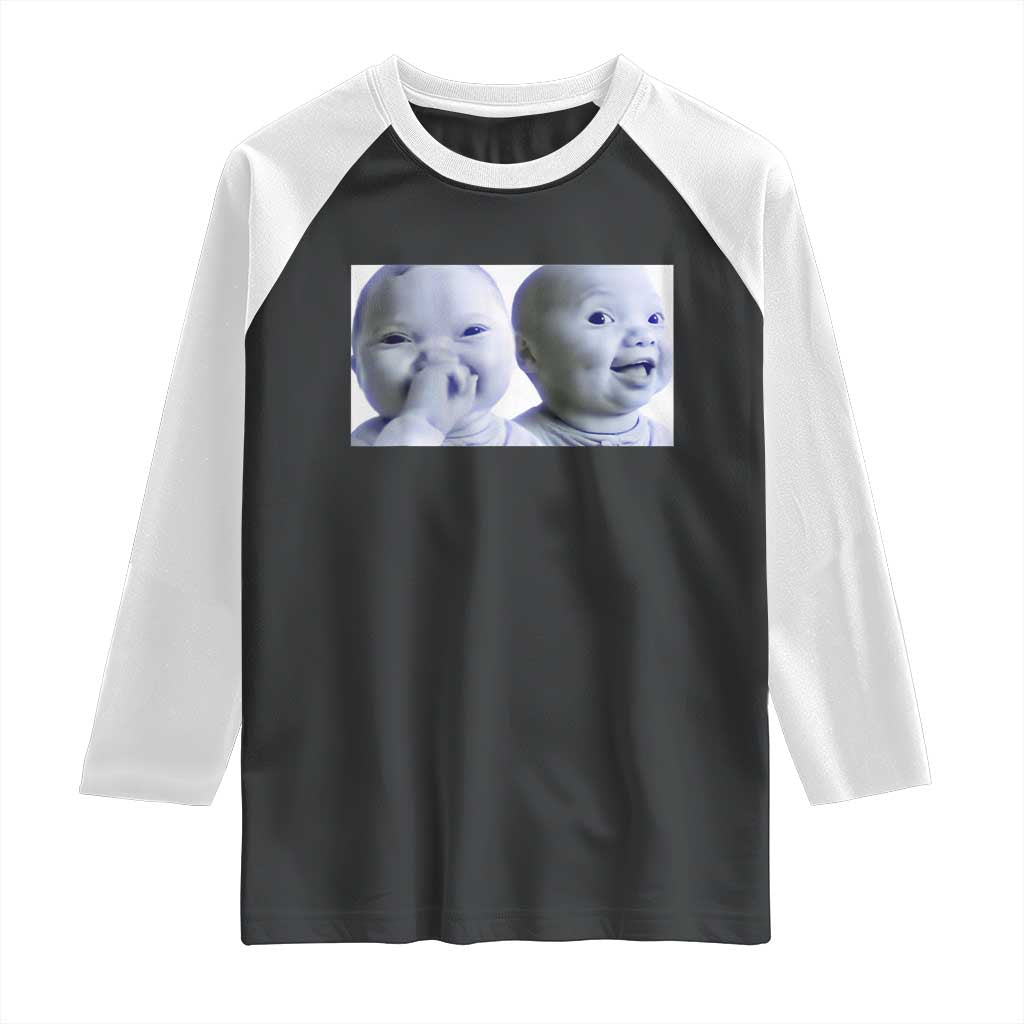 Funny Double Trouble Tuff Baby Meme Raglan Shirt Viral AI Niche Baby Holding Laugh Duo Reaction - Wonder Print Shop
