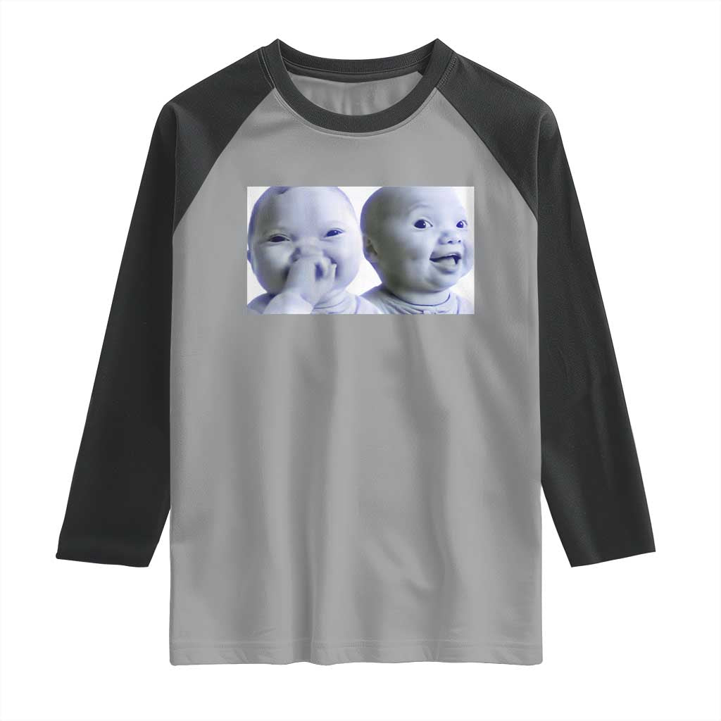 Funny Double Trouble Tuff Baby Meme Raglan Shirt Viral AI Niche Baby Holding Laugh Duo Reaction - Wonder Print Shop