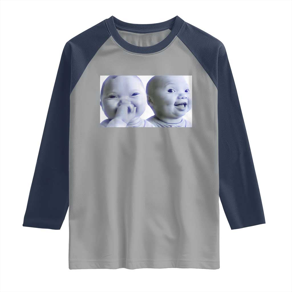 Funny Double Trouble Tuff Baby Meme Raglan Shirt Viral AI Niche Baby Holding Laugh Duo Reaction - Wonder Print Shop