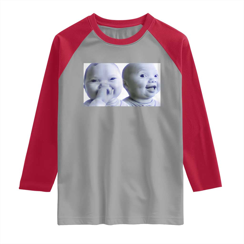 Funny Double Trouble Tuff Baby Meme Raglan Shirt Viral AI Niche Baby Holding Laugh Duo Reaction - Wonder Print Shop