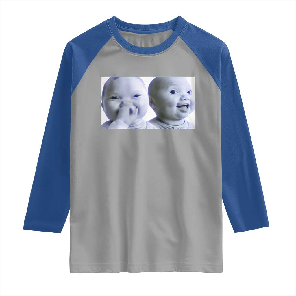 Funny Double Trouble Tuff Baby Meme Raglan Shirt Viral AI Niche Baby Holding Laugh Duo Reaction - Wonder Print Shop