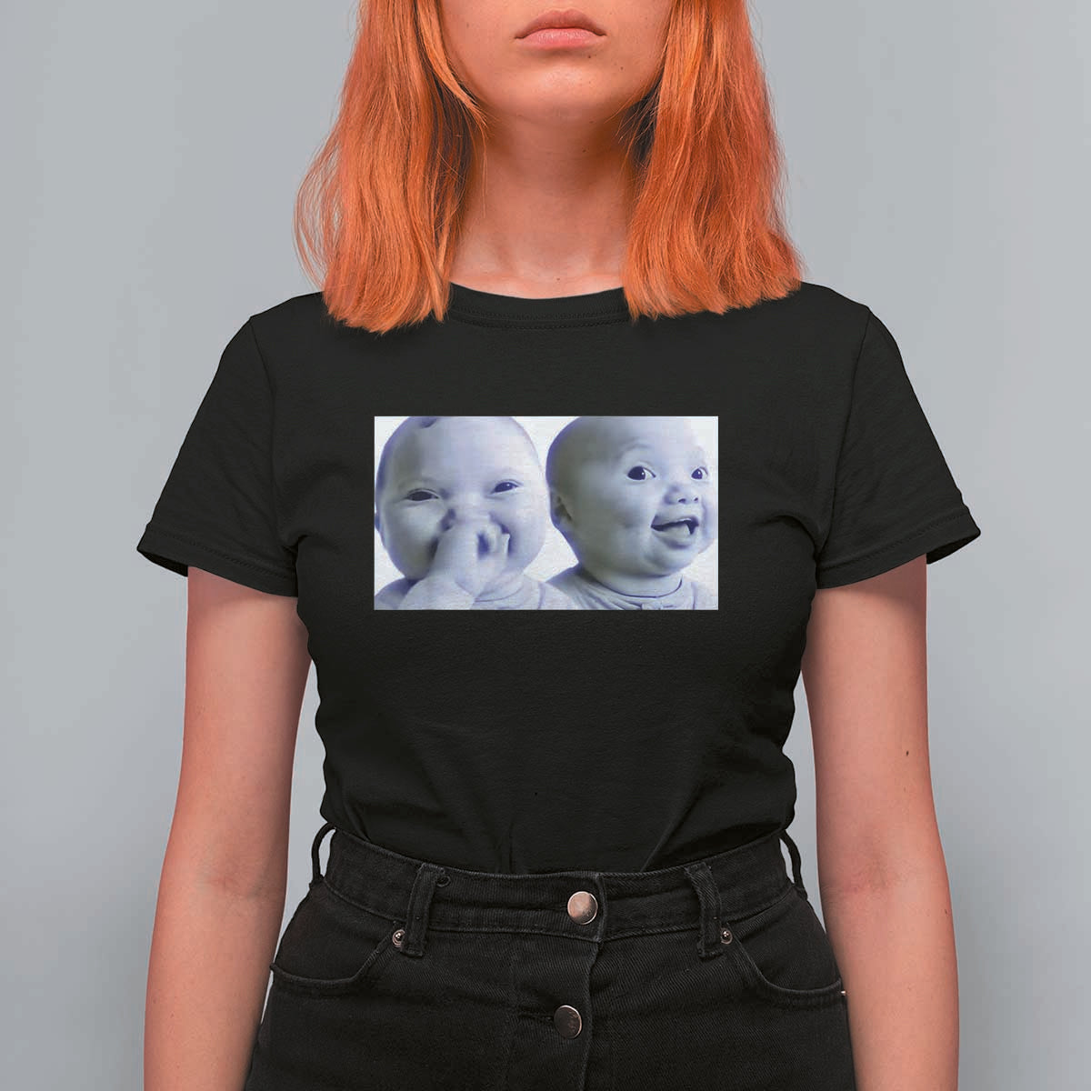 Funny Double Trouble Tuff Baby Meme T Shirt For Women Viral AI Niche Baby Holding Laugh Duo Reaction - Wonder Print Shop