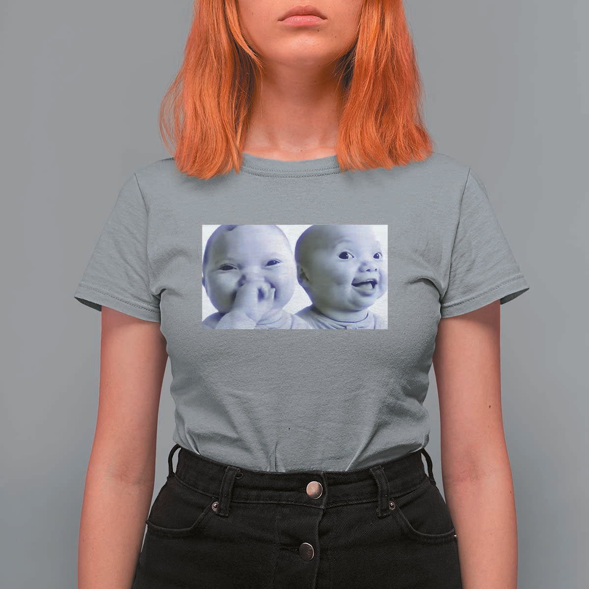 Funny Double Trouble Tuff Baby Meme T Shirt For Women Viral AI Niche Baby Holding Laugh Duo Reaction - Wonder Print Shop