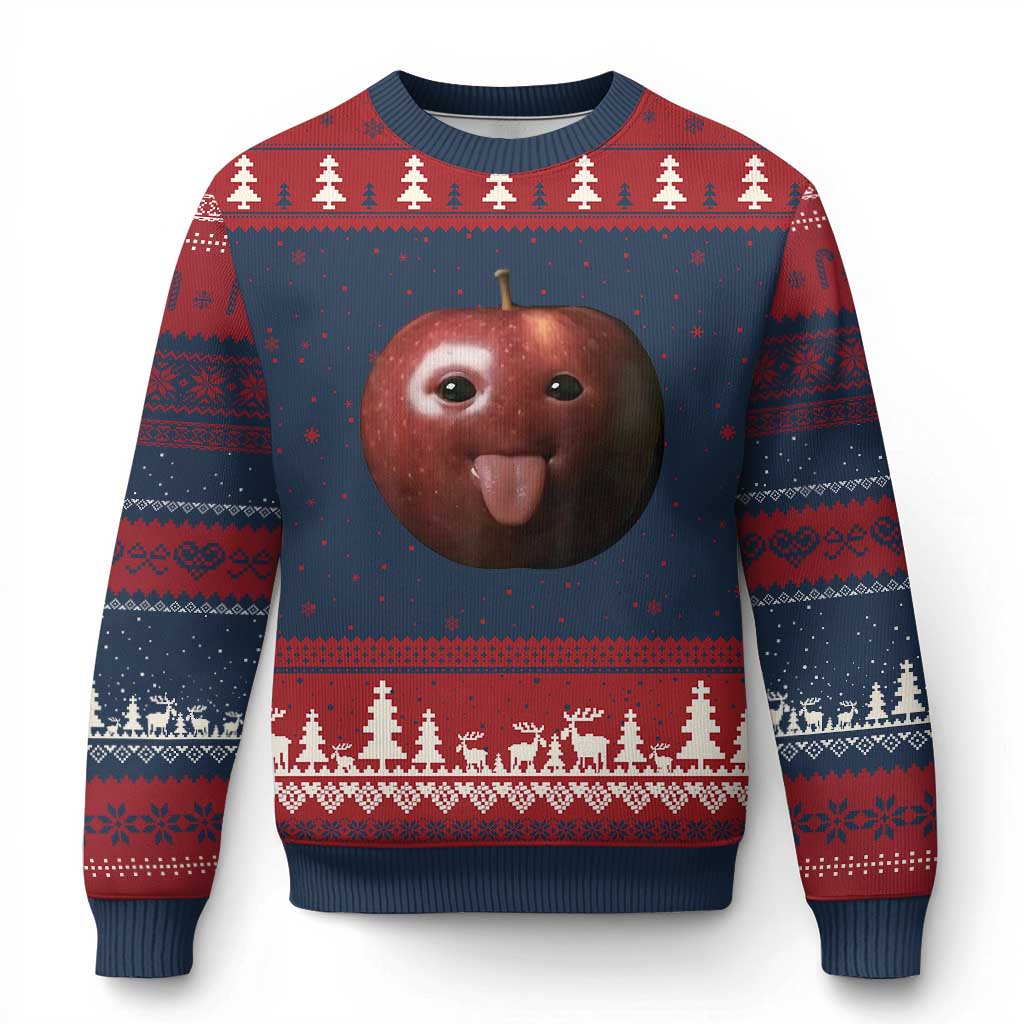 Cute Freaky Apple with Tongue Out Ugly Christmas Sweater Funny Goofy AI Fruit Meme - Wonder Print Shop