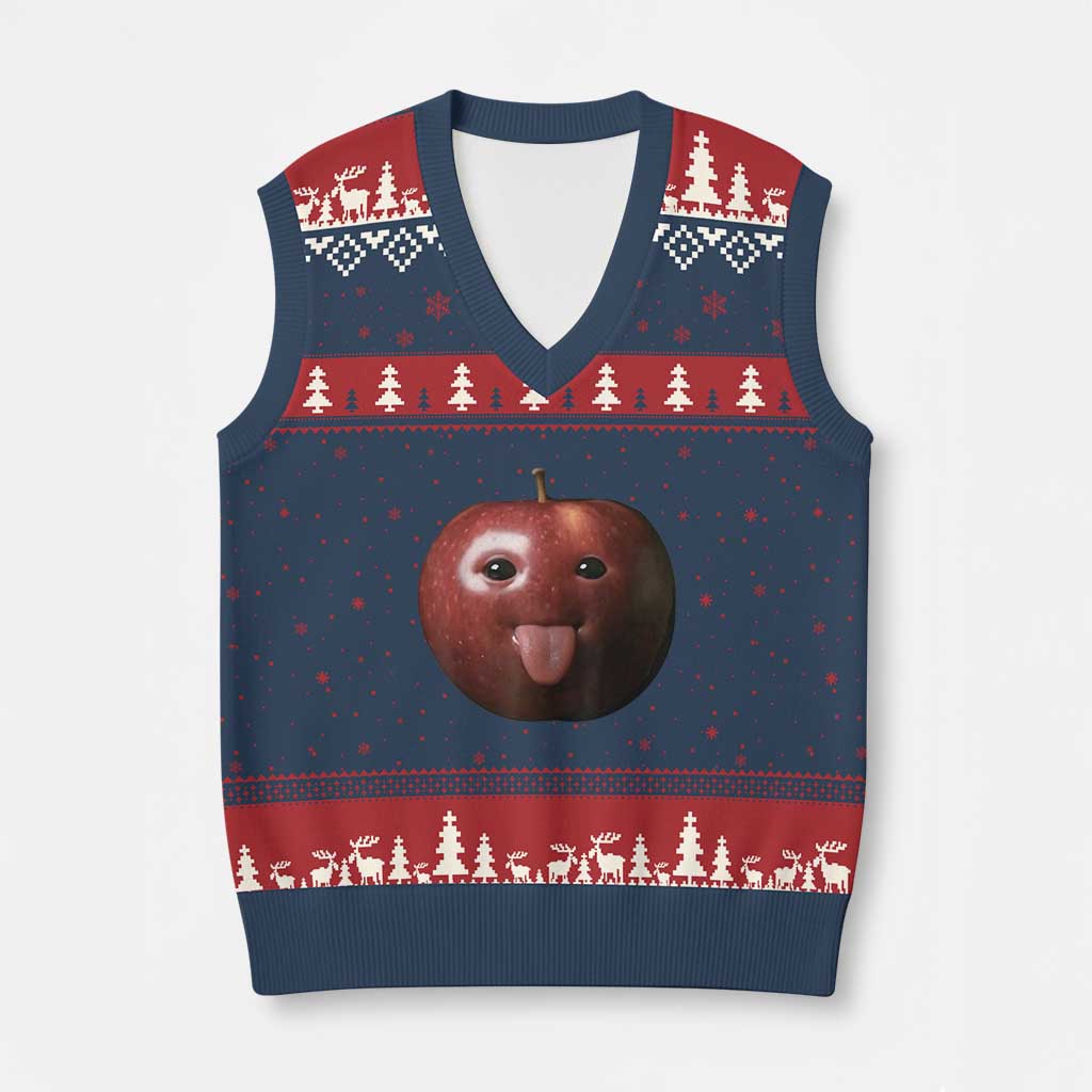 Cute Freaky Apple with Tongue Out V-Neck Knit Sweater Vest Funny Goofy AI Fruit Meme - Wonder Print Shop