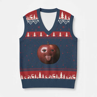 Cute Freaky Apple with Tongue Out V-Neck Knit Sweater Vest Funny Goofy AI Fruit Meme - Wonder Print Shop