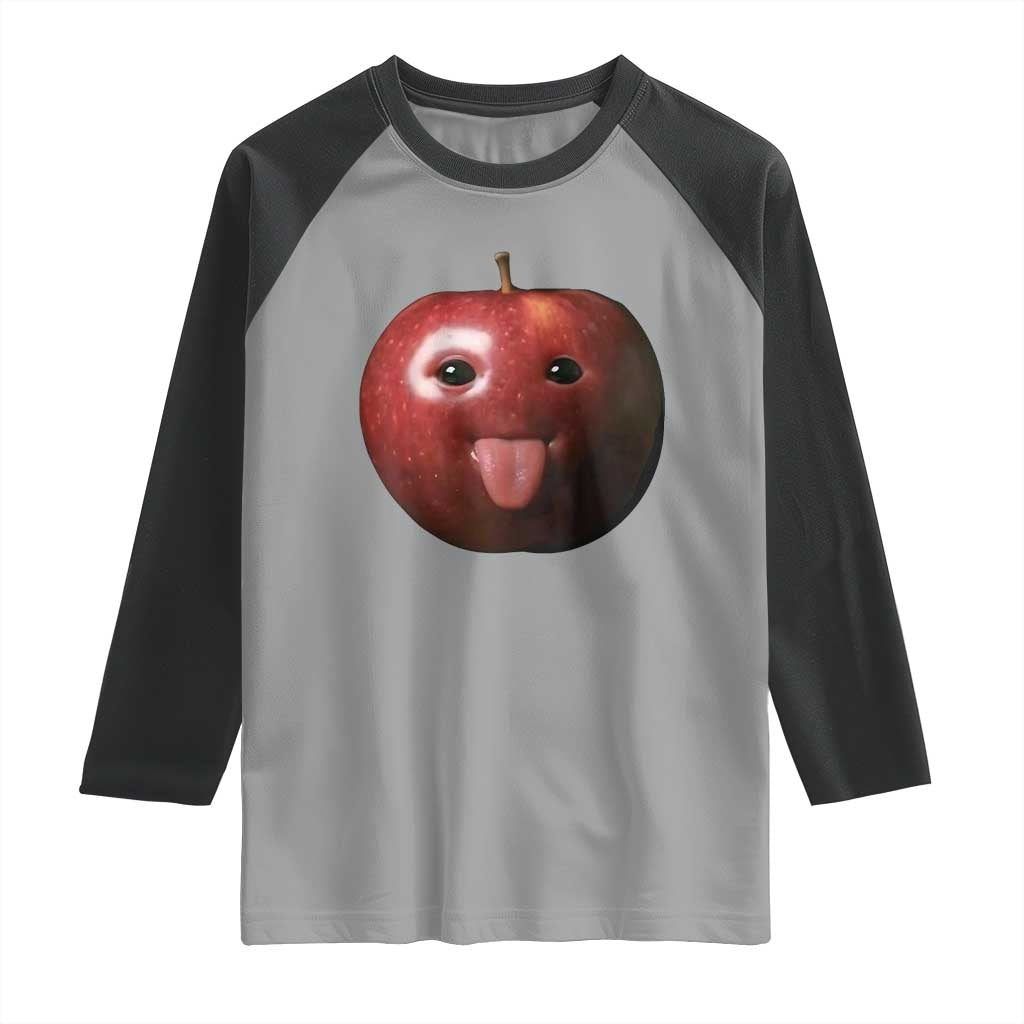 Cute Freaky Apple with Tongue Out Raglan Shirt Funny Goofy AI Fruit Meme - Wonder Print Shop