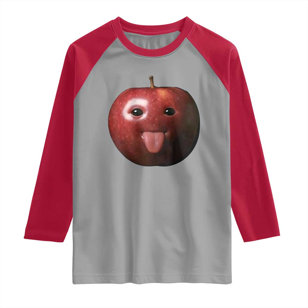 Cute Freaky Apple with Tongue Out Raglan Shirt Funny Goofy AI Fruit Meme - Wonder Print Shop