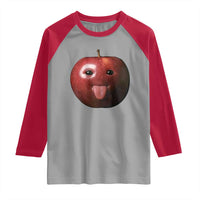 Cute Freaky Apple with Tongue Out Raglan Shirt Funny Goofy AI Fruit Meme - Wonder Print Shop