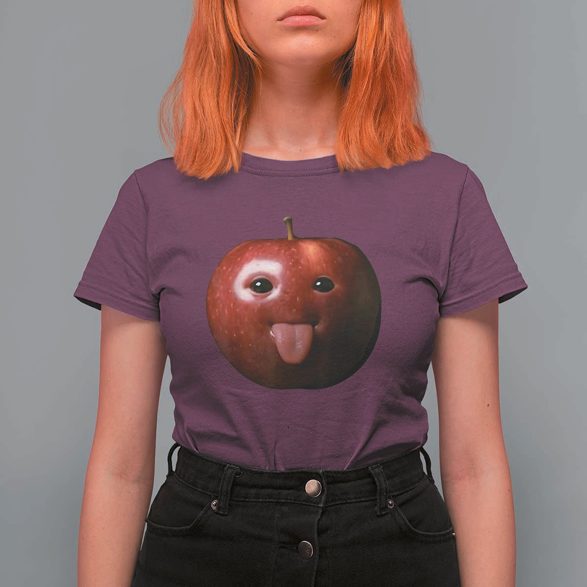 Cute Freaky Apple with Tongue Out T Shirt For Women Funny Goofy AI Fruit Meme - Wonder Print Shop