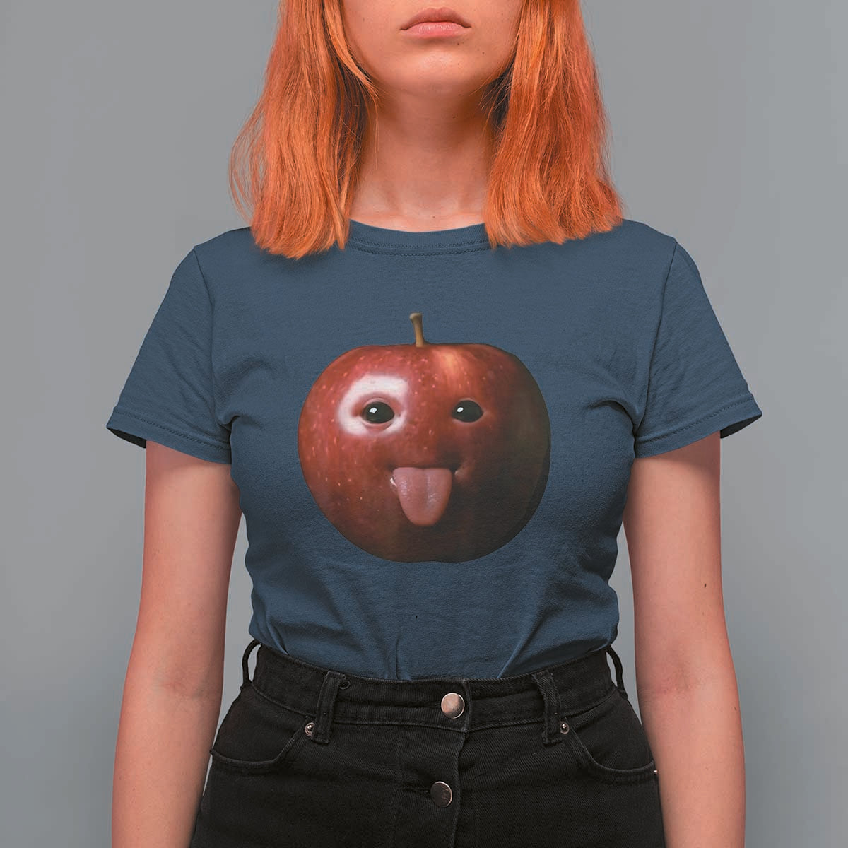 Cute Freaky Apple with Tongue Out T Shirt For Women Funny Goofy AI Fruit Meme - Wonder Print Shop
