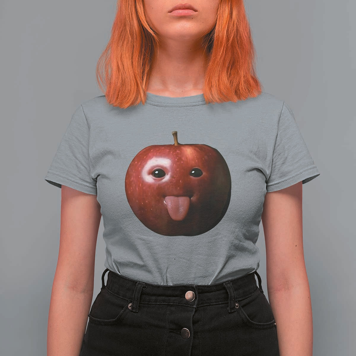 Cute Freaky Apple with Tongue Out T Shirt For Women Funny Goofy AI Fruit Meme - Wonder Print Shop