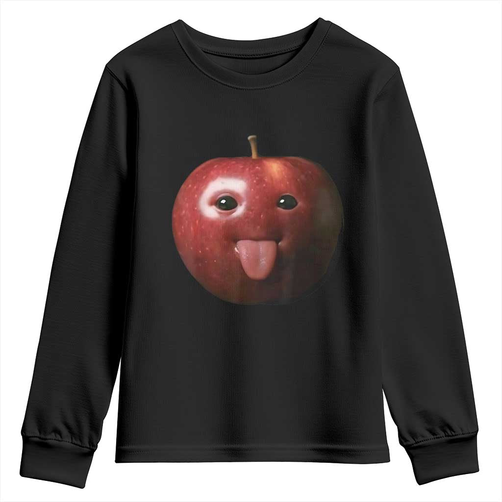Cute Freaky Apple with Tongue Out Youth Sweatshirt Funny Goofy AI Fruit Meme - Wonder Print Shop