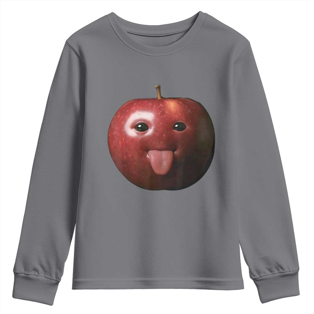 Cute Freaky Apple with Tongue Out Youth Sweatshirt Funny Goofy AI Fruit Meme - Wonder Print Shop